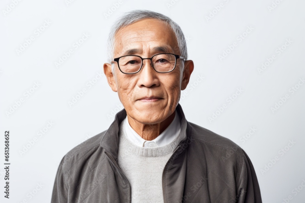 Medium shot portrait photography of a serious Vietnamese man in his 70s against a white background Medium shot portrait photography of a serious Vietnamese man in his 70s against a white background