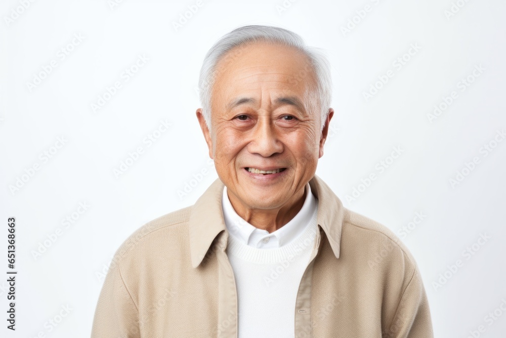 Medium shot portrait photography of a happy Vietnamese man in his 80s against a white background Medium shot portrait photography of a happy Vietnamese man in his 80s against a white background