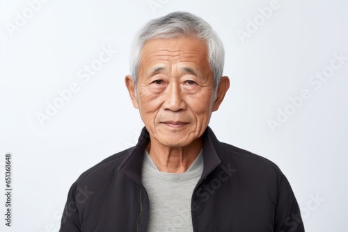 Medium shot portrait photography of a serious Vietnamese man in his 70s against a white background