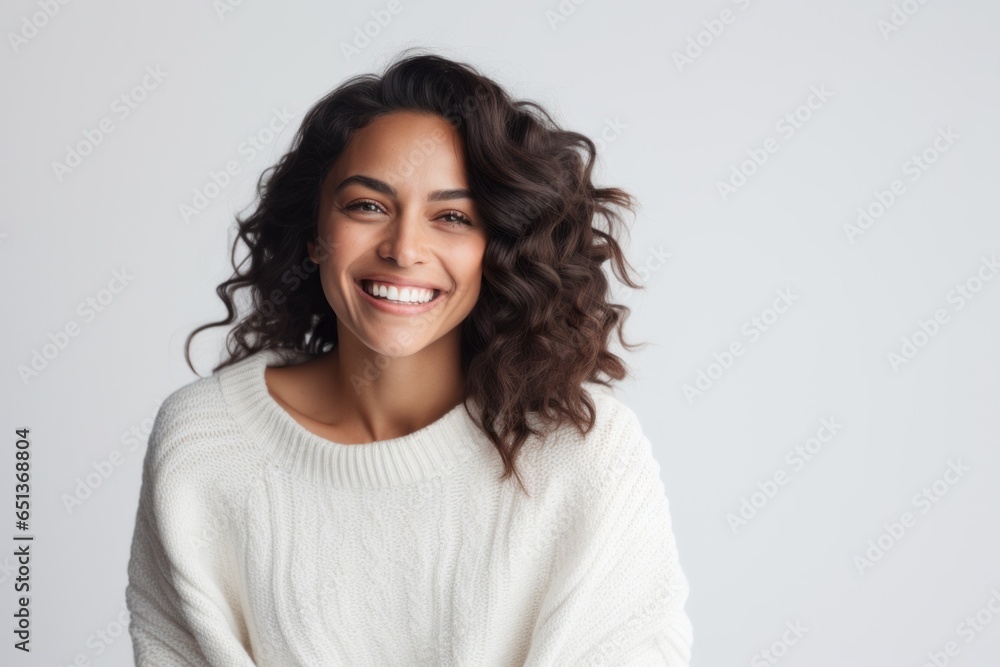 Lifestyle portrait photography of a Peruvian woman in her 30s wearing a cozy sweater against a white background