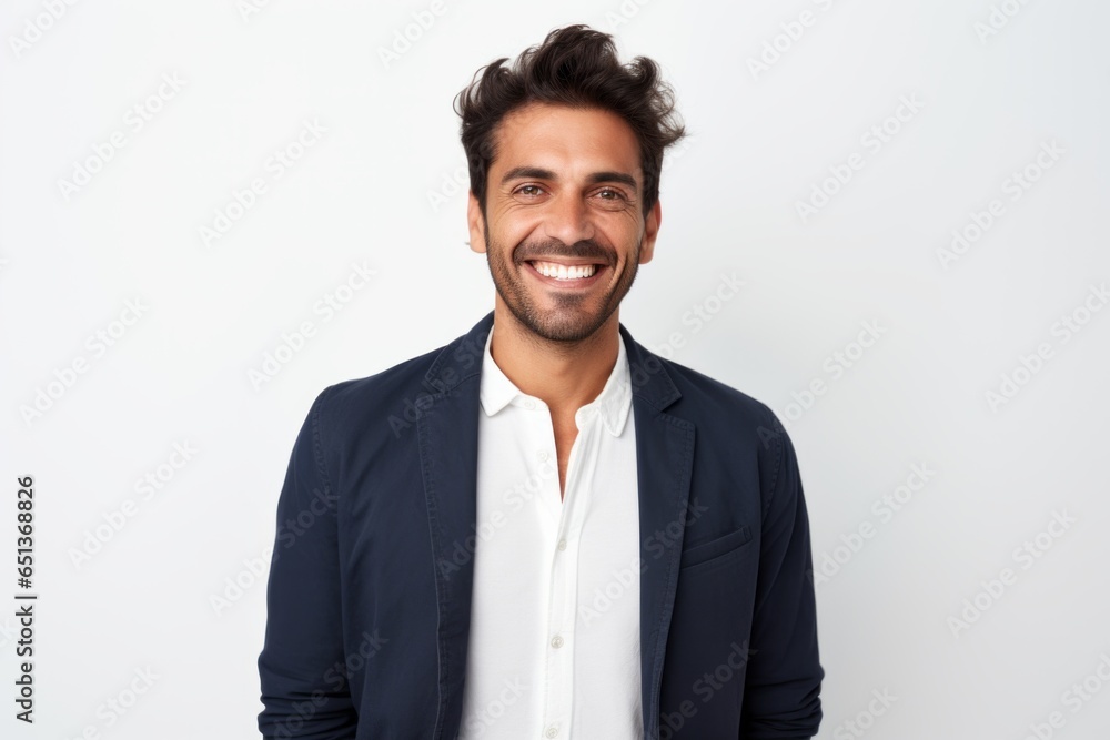 Medium shot portrait photography of a Peruvian man in his 30s against a white background Medium shot portrait photography of a Peruvian man in his 30s against a white background