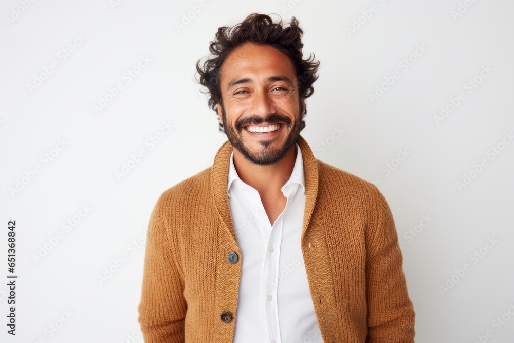 Medium shot portrait photography of a Peruvian man in his 30s against a white background Medium shot portrait photography of a Peruvian man in his 30s against a white background