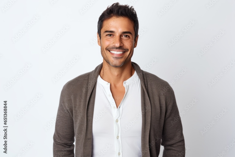 Medium shot portrait photography of a Peruvian man in his 30s against a white background Medium shot portrait photography of a Peruvian man in his 30s against a white background