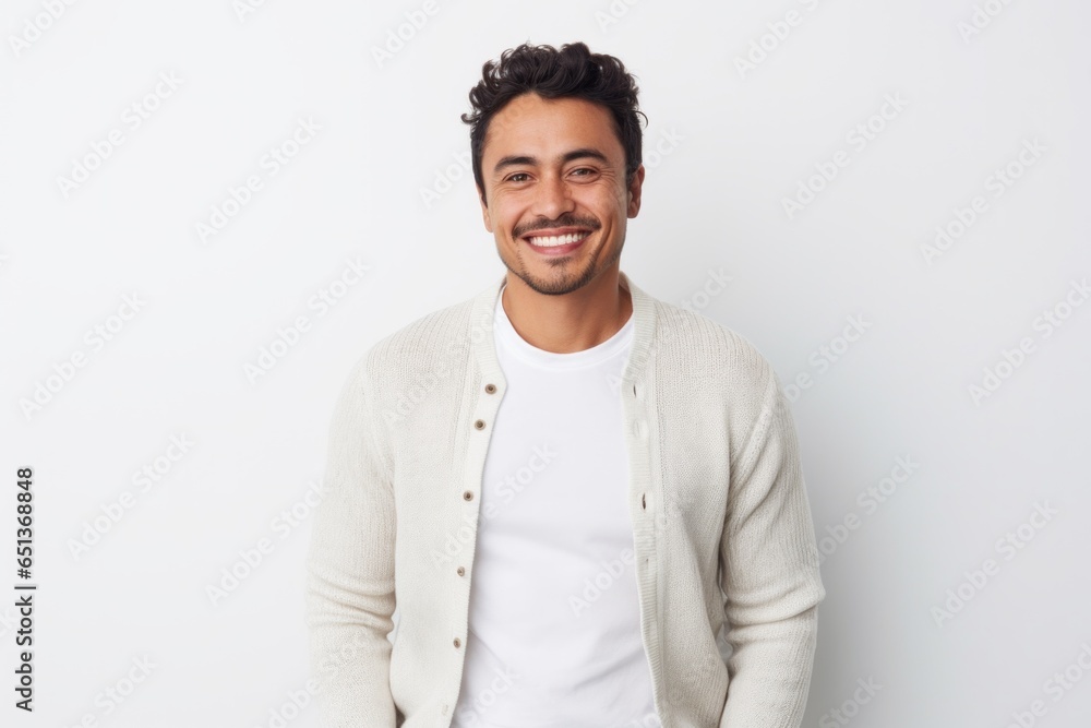 Medium shot portrait photography of a Peruvian man in his 30s against a white background Medium shot portrait photography of a Peruvian man in his 30s against a white background