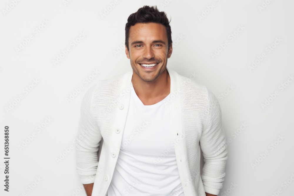 Lifestyle portrait photography of a Peruvian man in his 30s against a white background Lifestyle portrait photography of a Peruvian man in his 30s against a white background