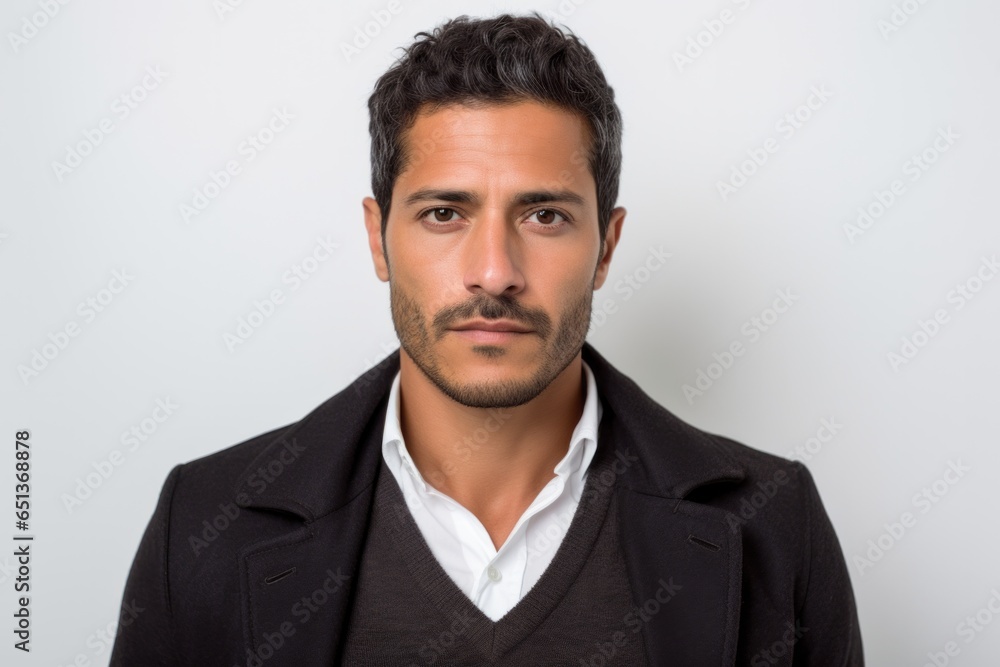Lifestyle portrait photography of a serious Peruvian man in his 30s against a white background Lifestyle portrait photography of a serious Peruvian man in his 30s against a white background