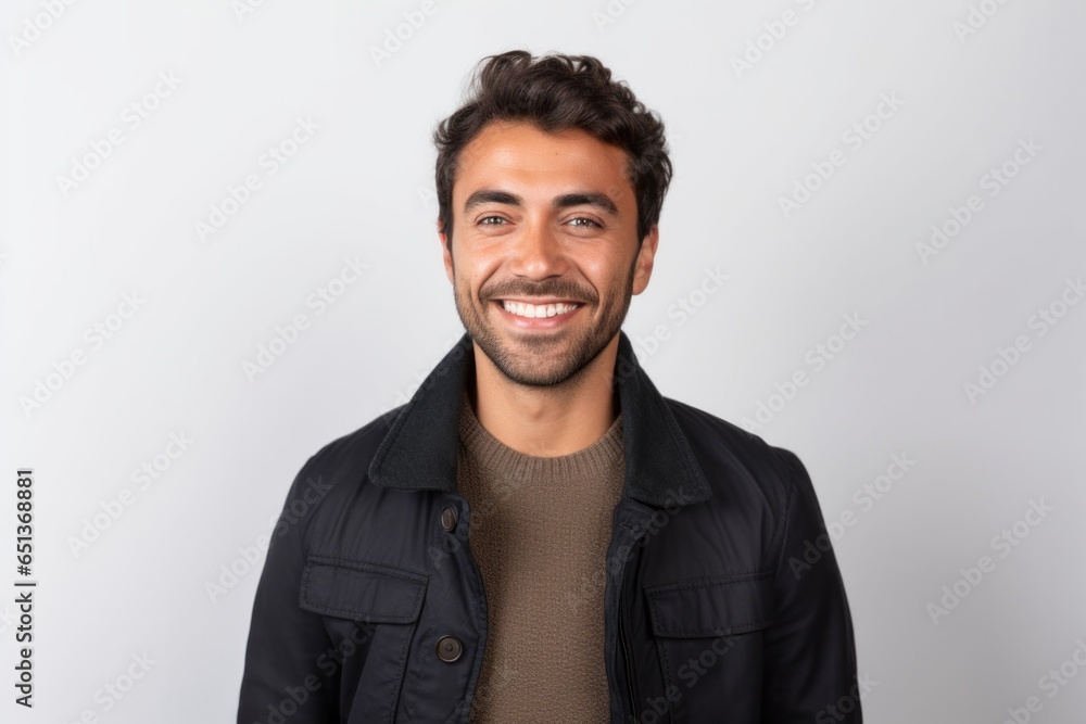Medium shot portrait photography of a tender Peruvian man in his 30s against a white background Medium shot portrait photography of a tender Peruvian man in his 30s against a white background