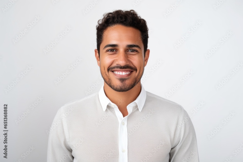 Medium shot portrait photography of a Peruvian man in his 30s against a white background Medium shot portrait photography of a Peruvian man in his 30s against a white background