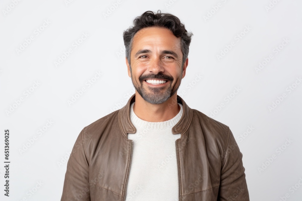 Medium shot portrait photography of a Peruvian man in his 40s against a white background Medium shot portrait photography of a Peruvian man in his 40s against a white background