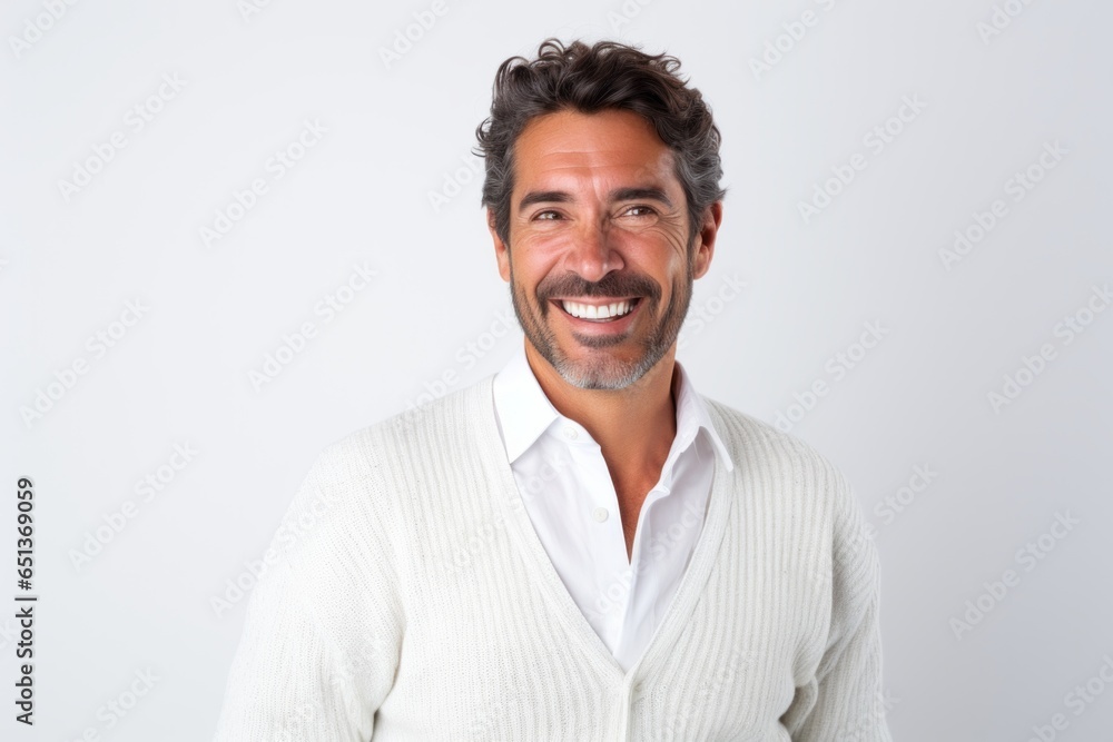 Lifestyle portrait photography of a Peruvian man in his 40s against a white background Lifestyle portrait photography of a Peruvian man in his 40s against a white background