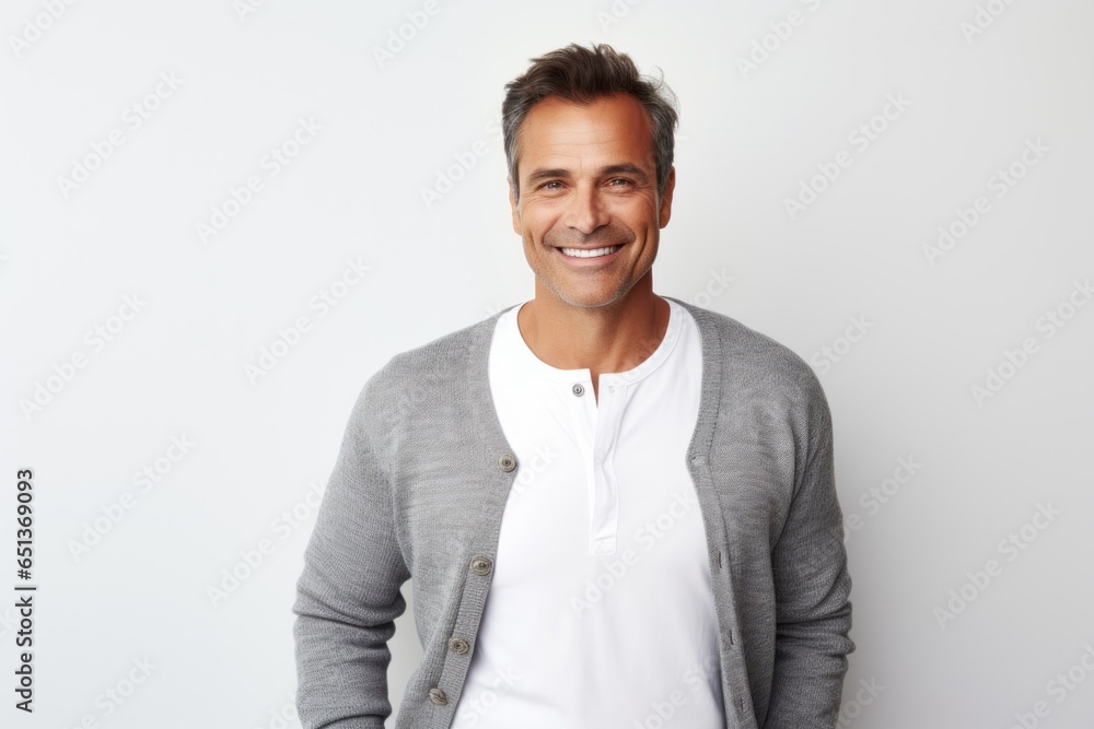 Lifestyle portrait photography of a Peruvian man in his 40s against a white background Lifestyle portrait photography of a Peruvian man in his 40s against a white background