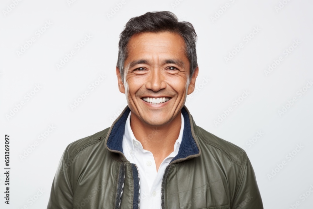 Medium shot portrait photography of a happy Peruvian man in his 40s against a white background Medium shot portrait photography of a happy Peruvian man in his 40s against a white background
