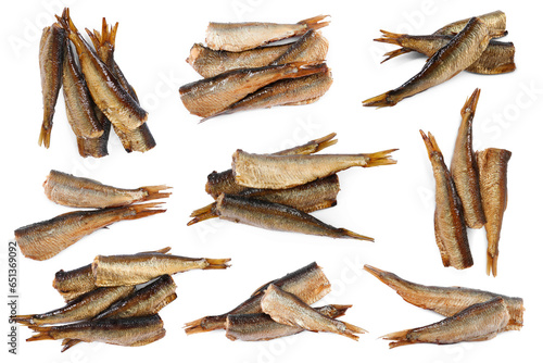 Set with smoked sprats isolated on white photo