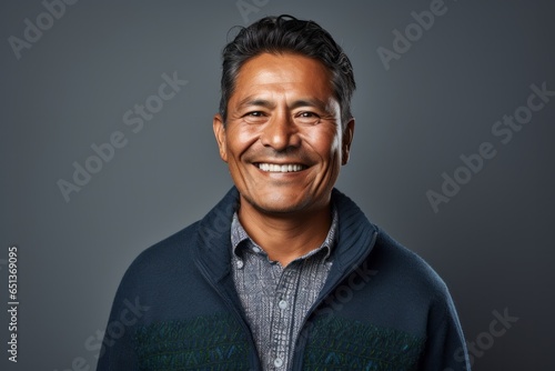 Portrait photography of a happy Peruvian man in his 40s against a gray background