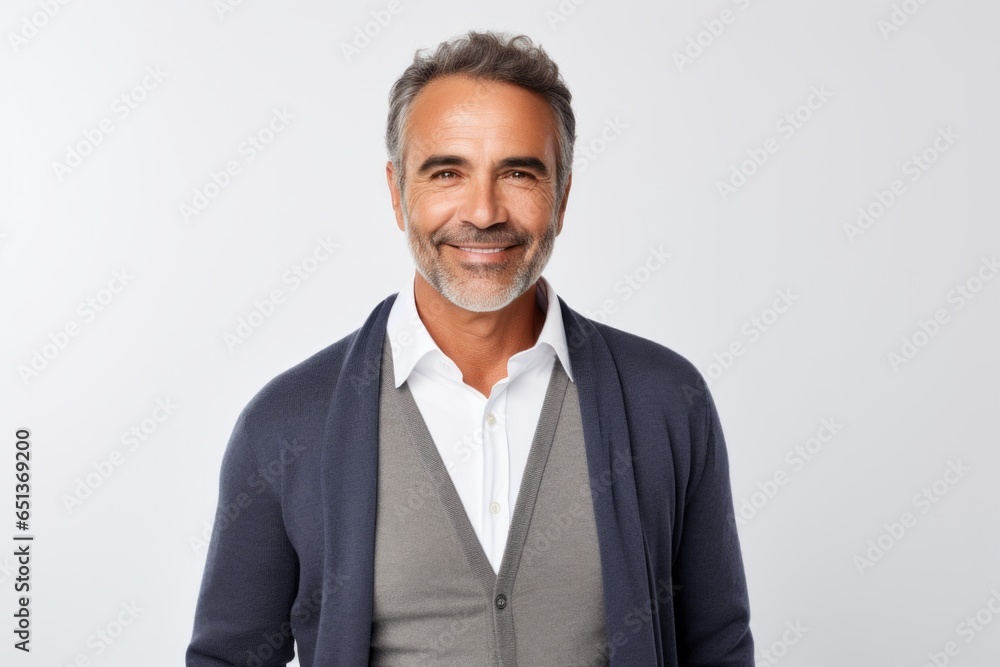 Lifestyle portrait photography of a Peruvian man in his 50s against a white background Lifestyle portrait photography of a Peruvian man in his 50s against a white background