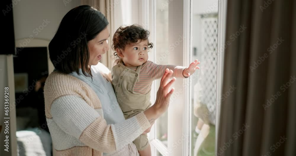 Window, home and mother wave with baby looking at garden view for bonding, love and relaxing. Family, glass and happy mom with child pointing outdoors for connection, development and childhood Window, home and mother wave with baby looking at garden view for bonding, love and relaxing. Family, glass and happy mom with child pointing outdoors for connection, development and childhood