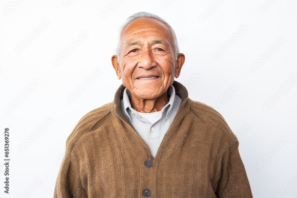 Medium shot portrait photography of a happy Peruvian man in his 70s against a white background Medium shot portrait photography of a happy Peruvian man in his 70s against a white background
