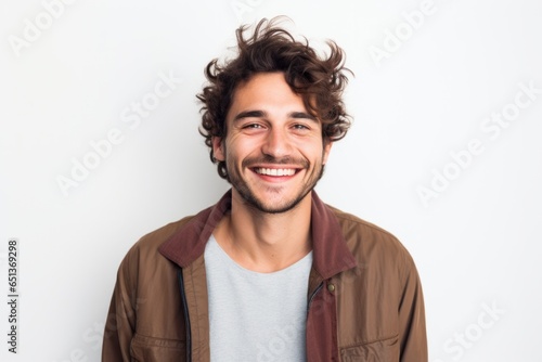 Medium shot portrait photography of a happy French man in his 20s against a white background