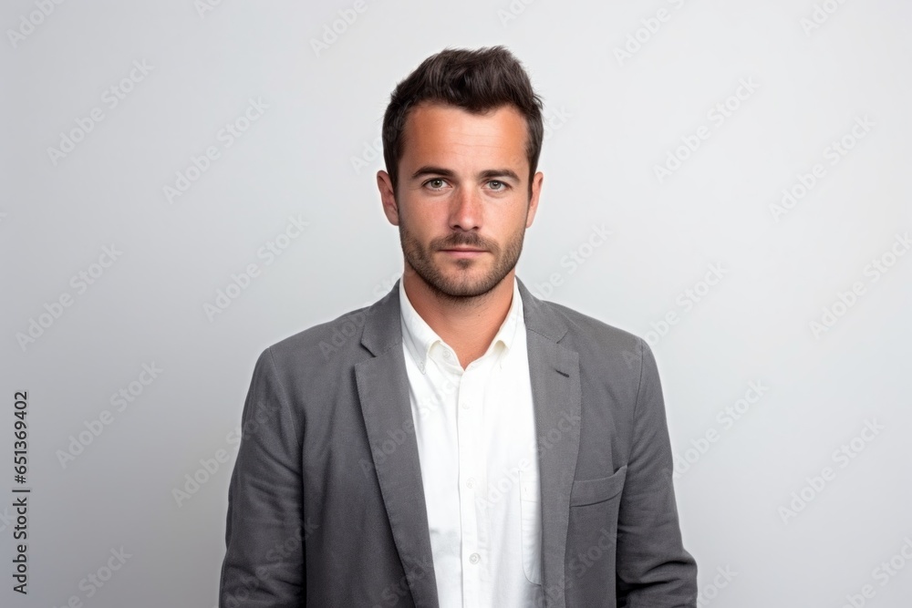 Medium shot portrait photography of a tender French man in his 30s against a white background Medium shot portrait photography of a tender French man in his 30s against a white background