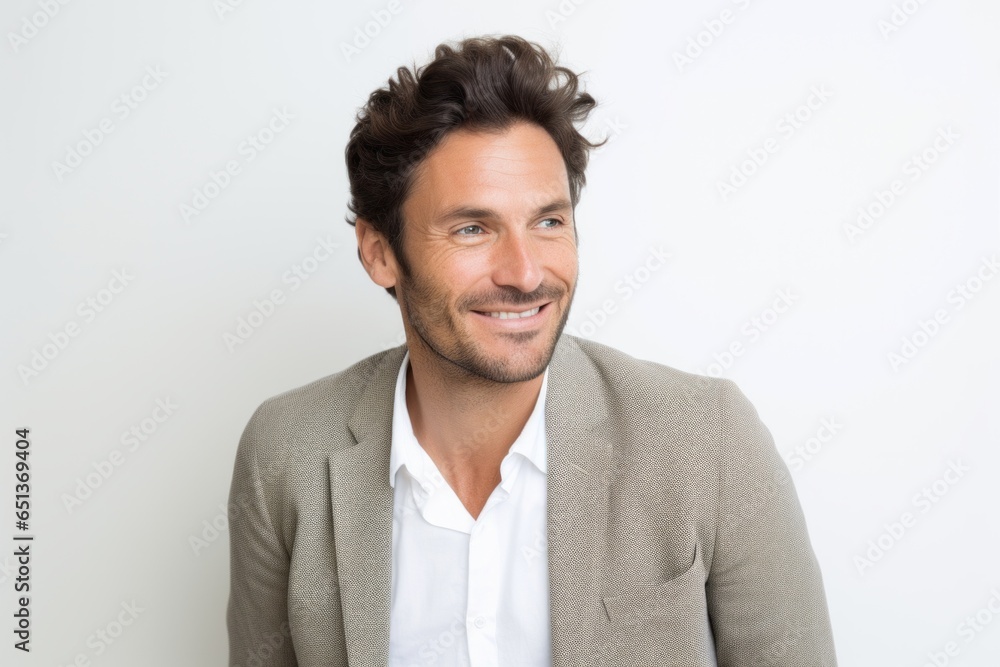 Medium shot portrait photography of a tender French man in his 30s against a white background