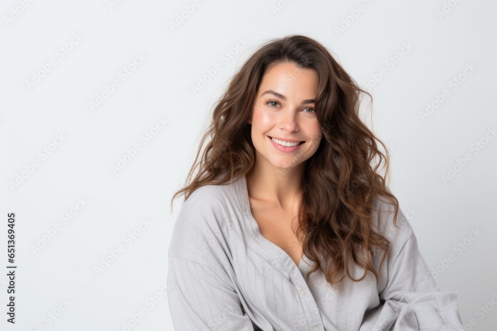 Medium shot portrait photography of a French woman in her 30s wearing a snuggly pajama set against a white background Medium shot portrait photography of a French woman in her 30s wearing a snuggly pajama set against a white background