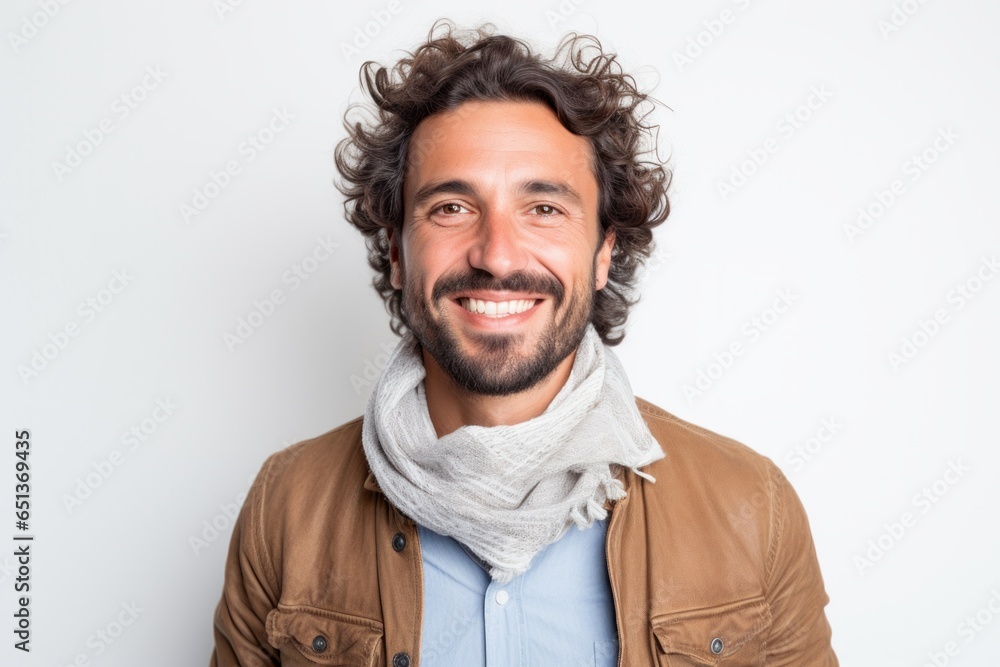 Portrait photography of a happy French man in his 30s wearing a foulard against a white background Portrait photography of a happy French man in his 30s wearing a foulard against a white background