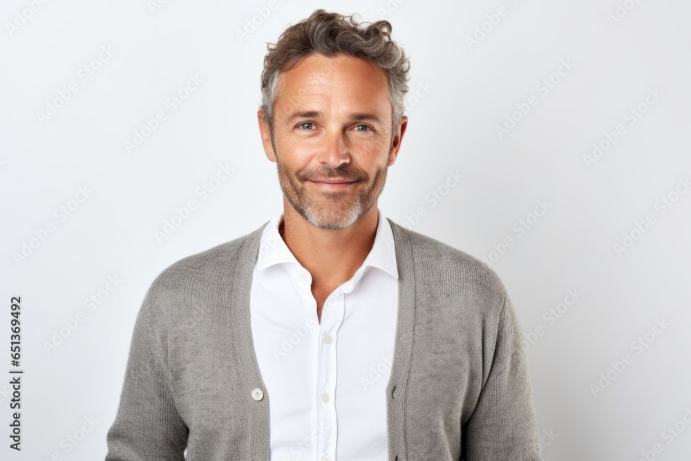 Medium shot portrait photography of a French man in his 40s against a white background Medium shot portrait photography of a French man in his 40s against a white background