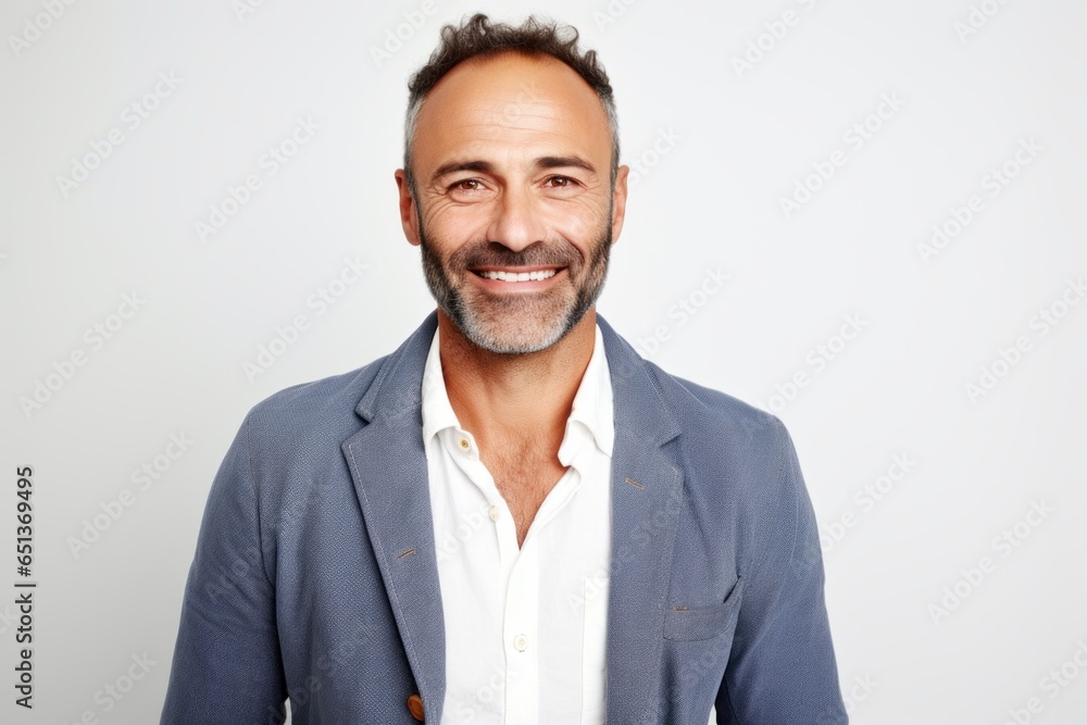 Medium shot portrait photography of a French man in his 40s against a white background Medium shot portrait photography of a French man in his 40s against a white background