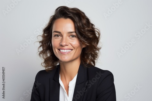 Portrait photography of a happy French woman in her 40s wearing a sleek suit against a white background