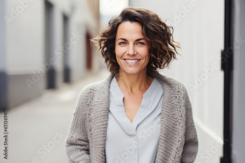 Medium shot portrait photography of a French woman in her 40s against a white background