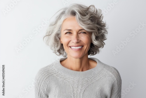 Lifestyle portrait photography of a French woman in her 50s wearing a cozy sweater against a white background