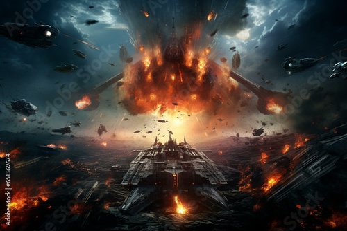 Epic battle in a vast universe with a spaceship amidst a catastrophic explosion during a global conflict. Generative AI