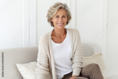 Group portrait photography of a French woman in her 50s against a white background