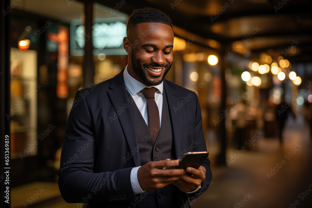 Happy busy young African American business man using mobile cell phone outdoors.tanding outside an office center wearing headphones and holding a phone - obrazy, fototapety, plakaty 