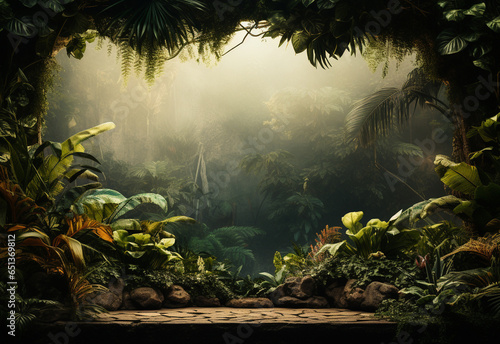 Ai Generative Beautiful jungle background with border made of tropical leaves backdrop with copy space © Syed Qaseem Raza