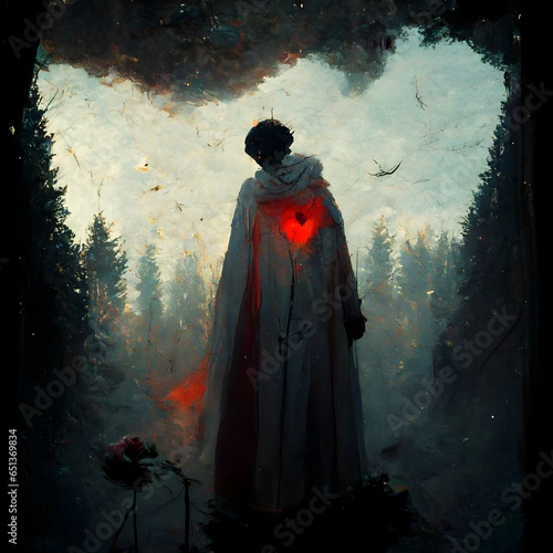 dead male fairy in an open coffin funeral procession through the forest white tunic stained with red over the heart black hair magic foreboding mourning cinematic dramatic lighting ar 21 