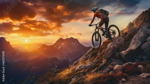 young woman riding bicycle on beautiful mountain trail,Cyclist Riding a Mountain Bike in the Rocky Mountains. Extreme Sport Concept.