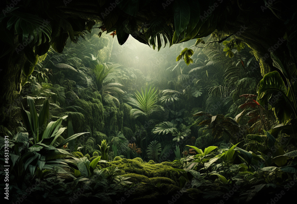 Naklejka premium Ai Generative Beautiful jungle background with border made of tropical leaves backdrop with copy space