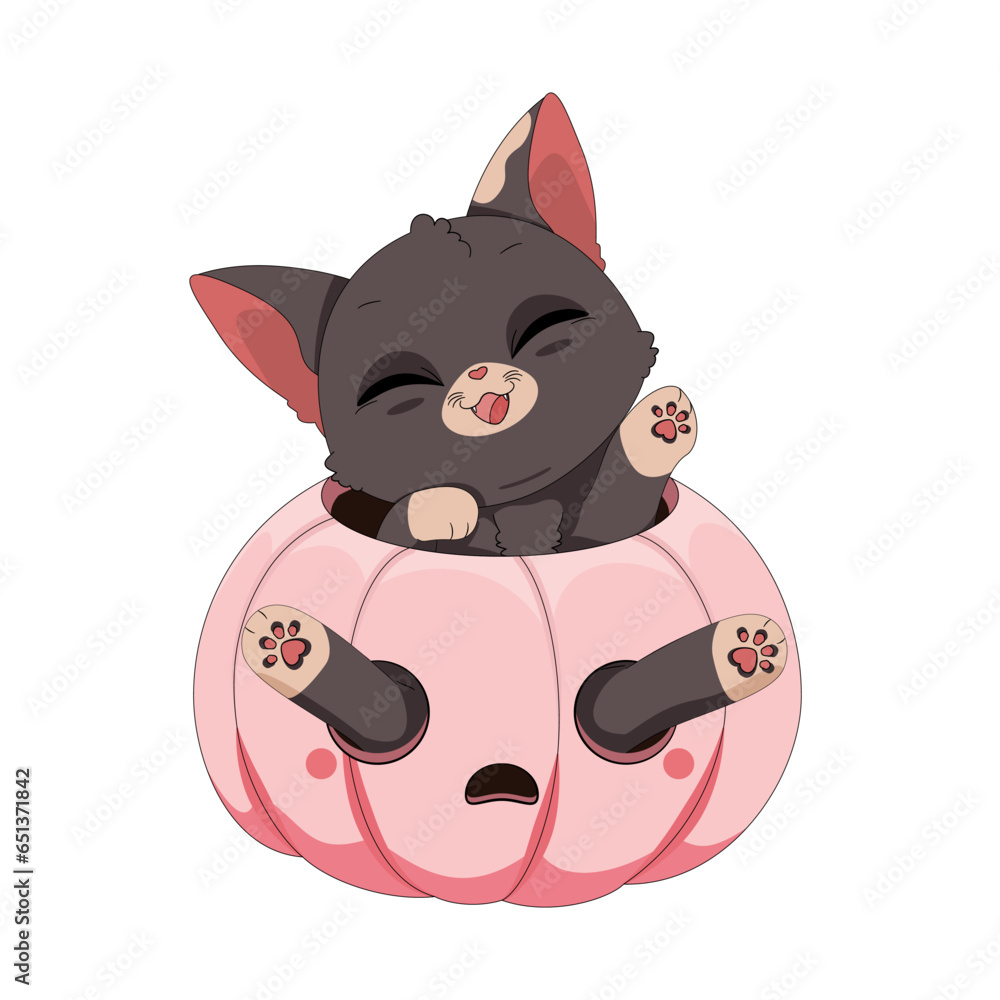 Zabawny kot bawiący się w wydrążonej różowej dyni. Ilustracja na Halloween. Cukierek albo psikus! Uroczy ręcznie rysowany mały kotek. Ilustracja wektorowa. Zabawny kot bawiący się w wydrążonej różowej dyni. Ilustracja na Halloween. Cukierek albo psikus! Uroczy ręcznie rysowany mały kotek. Ilustracja wektorowa.