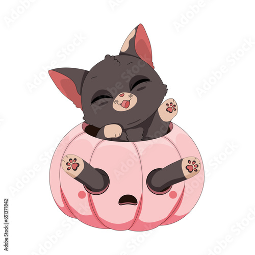 Zabawny kot bawiący się w wydrążonej różowej dyni. Ilustracja na Halloween. Cukierek albo psikus! Uroczy ręcznie rysowany mały kotek. Ilustracja wektorowa.