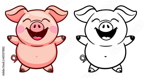 Cute happy pig cartoon vector illustration, pink hog or swine happy mascot character smiling, colored and black and white line art stock vector image