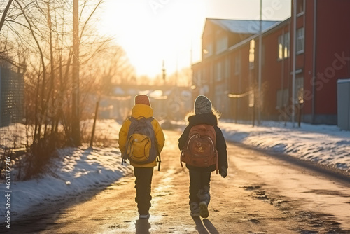 Back to school. Kids with backpack going to school together in vintage color tone, winter season 