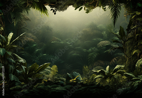 Ai Generative Beautiful jungle background with border made of tropical leaves backdrop with copy space