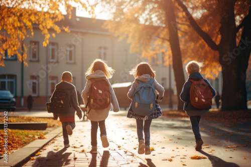 Back to school. Kids with backpack going to school together in vintage color tone