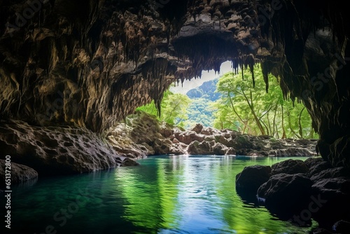 Beautiful limestone cave with lake and lush tropical vegetation in Los Tres Ojos National Park, Dominican Republic. Generative AI