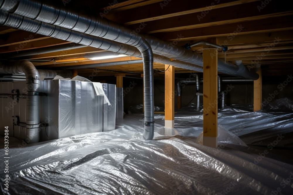 Fully encapsulated crawl space with thermoregulatory blankets, dimple