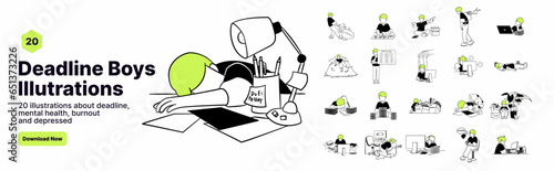 A 20 of illustrations about deadline, mental health, burnout and depressed. Vector Illustrations.