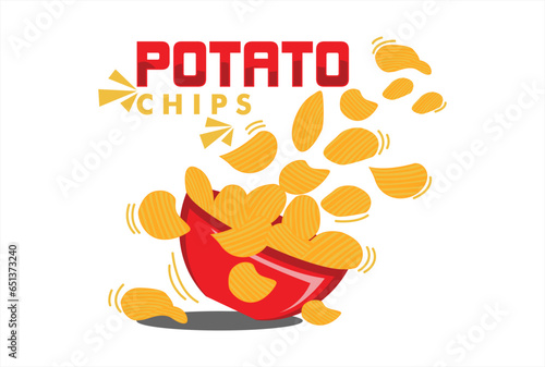 potato chips with red bowl crispy potato chips flying and falling vector illustration for banners, social media post advertisements