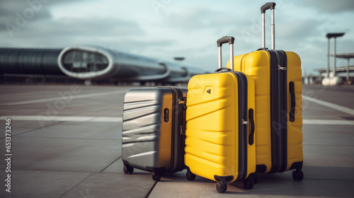 Grey and Yellow Suitcases in the airport, with a plane taking off in the background.