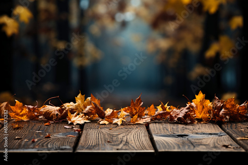 Picture of fall leaves on a wooden table in the forest. AI generative